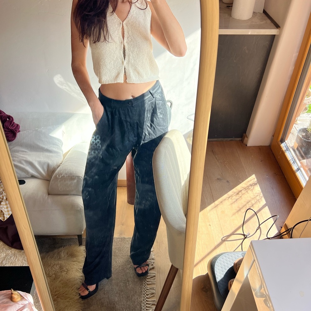 Olivaceous Black real silk Wide-Leg Trousers